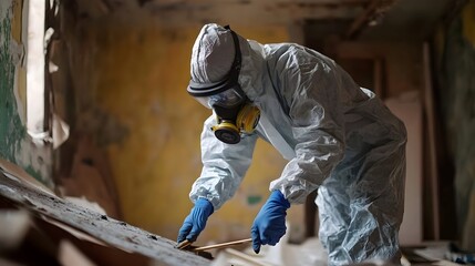 Asbestos Removal Specialist Carefully Handling Hazardous Materials in Protective Gear During Building Renovation