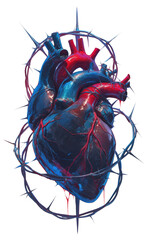 Colorful anatomical heart surrounded by a sharp crown, symbolizing love, vitality, and emotional strength in a striking design.