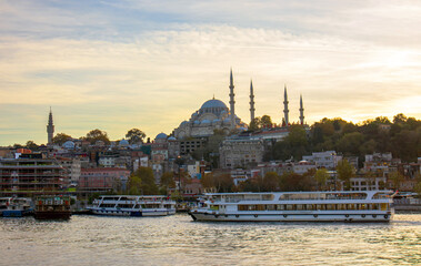 View of boats in the goldenhorn, historical old city istanbul constantinople