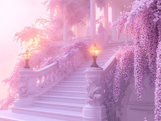 a beautifully rendered fantasy scene featuring a magical staircase leading upwards into a colourful flower-filled forest.