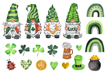 Set Gnomes. St. Patrick's Day. Watercolor illustration