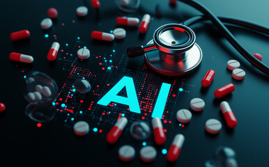 3D AI lettering surrounded by pills and a stethoscope on a black background, illustrating the concept of medical artificial intelligence in technology