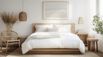 Fototapeta premium A Scandinavian-inspired bedroom with a white bed, light wood furniture, and minimalist