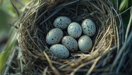 Obraz premium Spotted eggs in a bird nest.