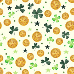 Saint Patrick's Day. Gold coin with clover. Watercolor illustration, seamless pattern