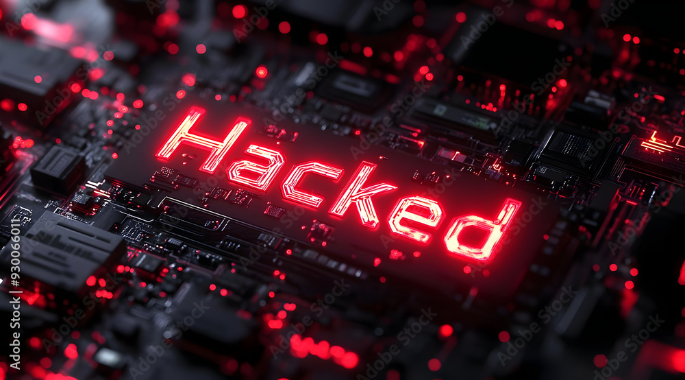 Poster a close-up view of a digital circuit board displaying the word 'hacked' in bright red lights, symbol