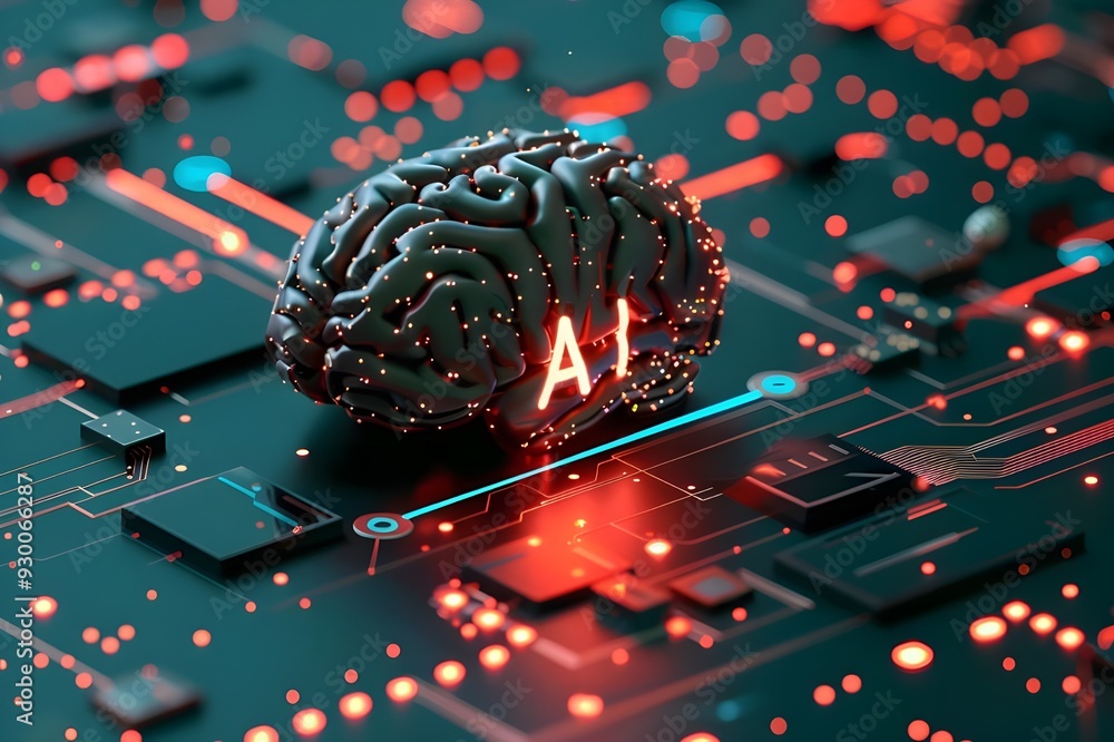 Aufkleber 3d rendering of the human brain on top of an electric circuit board with text 