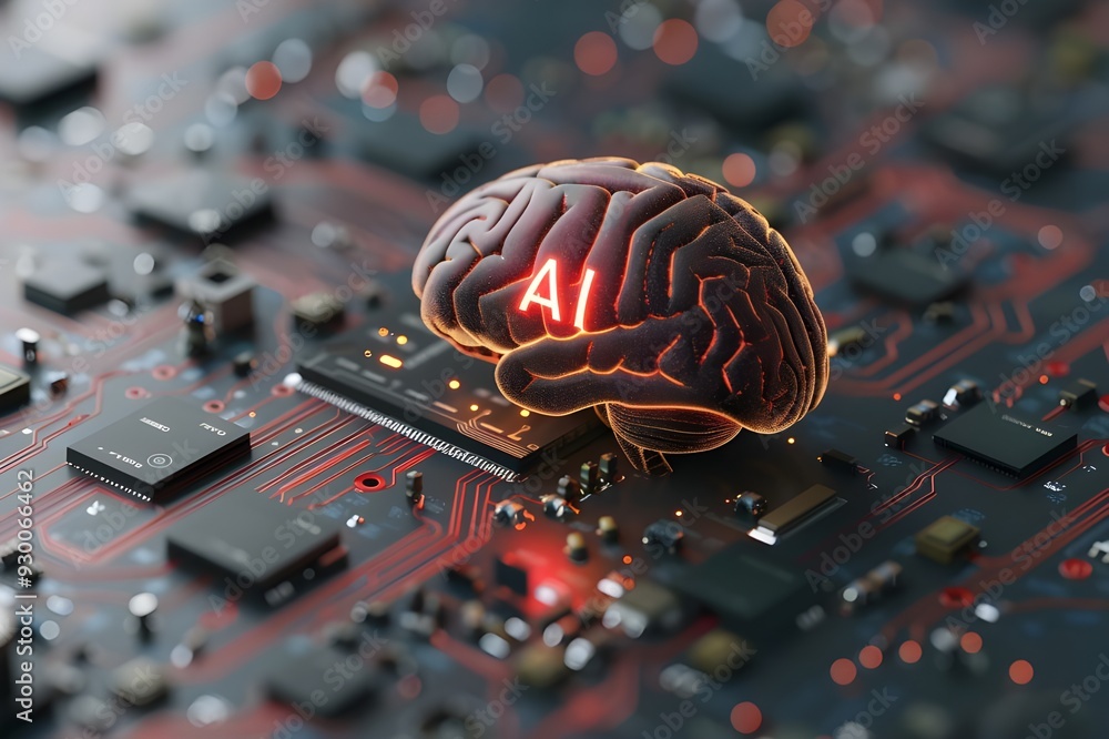 Aufkleber 3d rendering of the human brain on top of an electric circuit board with text 