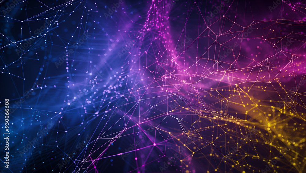 Poster futuristic abstract background with glowing digital lines and grid structures in dark blue and purpl