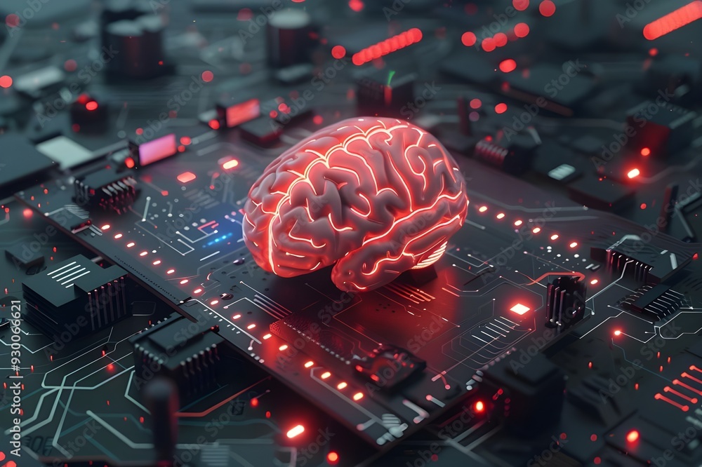 Poster 3d rendering of human brain on top circuit board with text 
