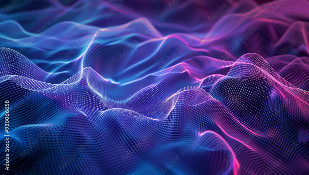 Poster an intricate composition showcases a vibrant abstract landscape featuring glowing digital lines and 