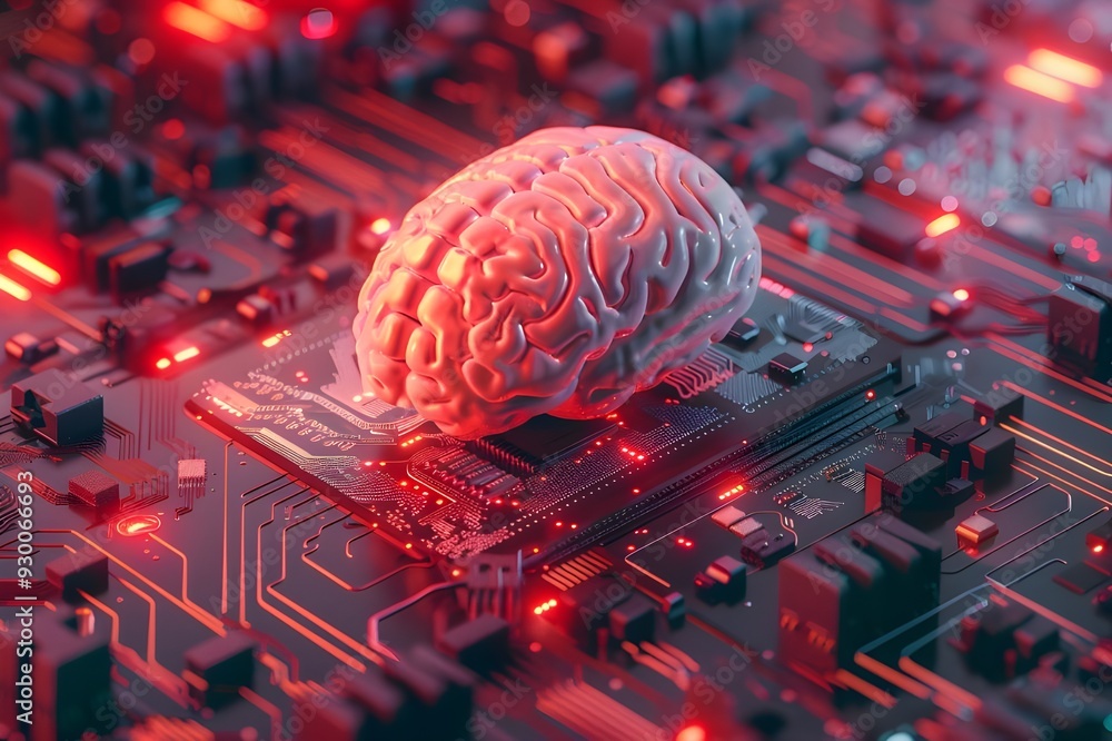 Poster 3d rendering of human brain on top circuit board with text 