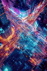 Obraz premium busy urban intersection at night with vibrant lights