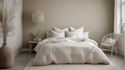 A serene Nordic bedroom with a focus on simplicity and functionality, featuring neutral tones and natural materials.