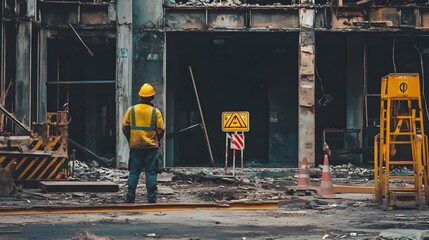 Demolition Expert Preparing to Set Off Explosives in Old Building with Safety Measures