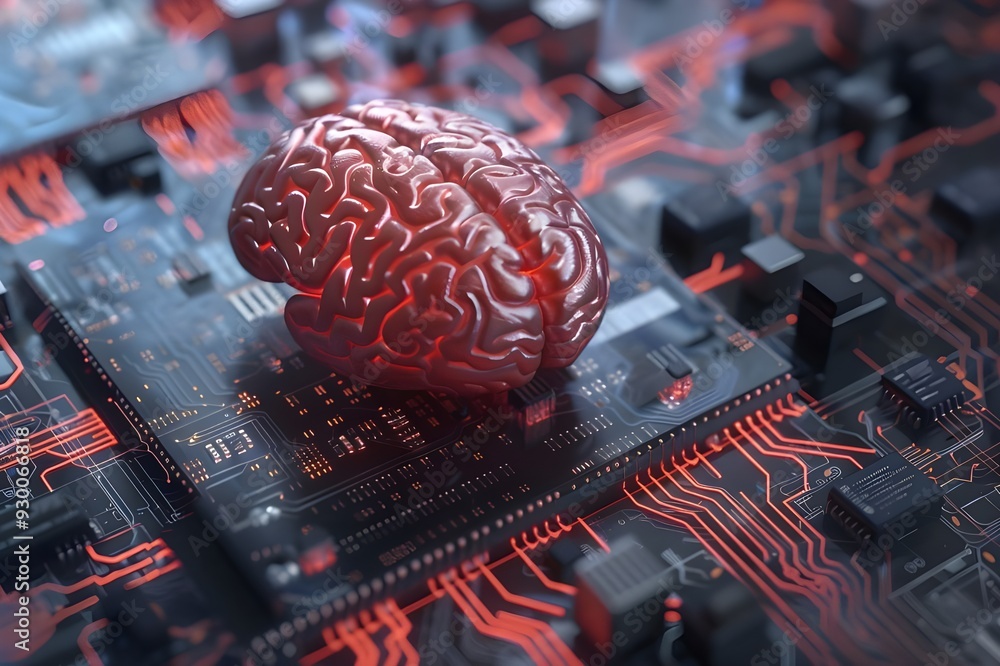 Poster 3d rendering of human brain on top circuit board with text 