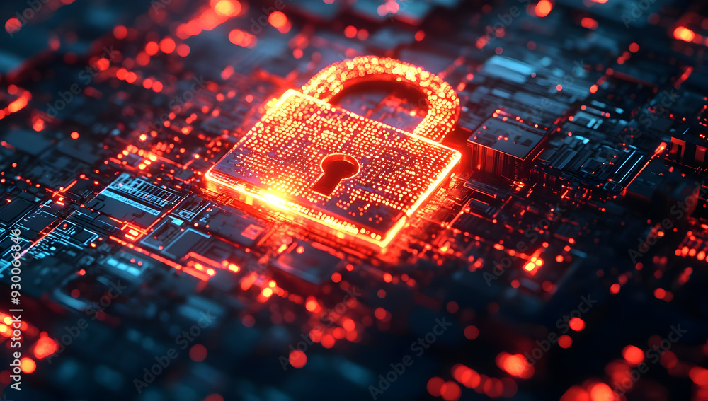 Poster a glowing digital lock symbolizes cybersecurity and data protection on a circuit board, representing