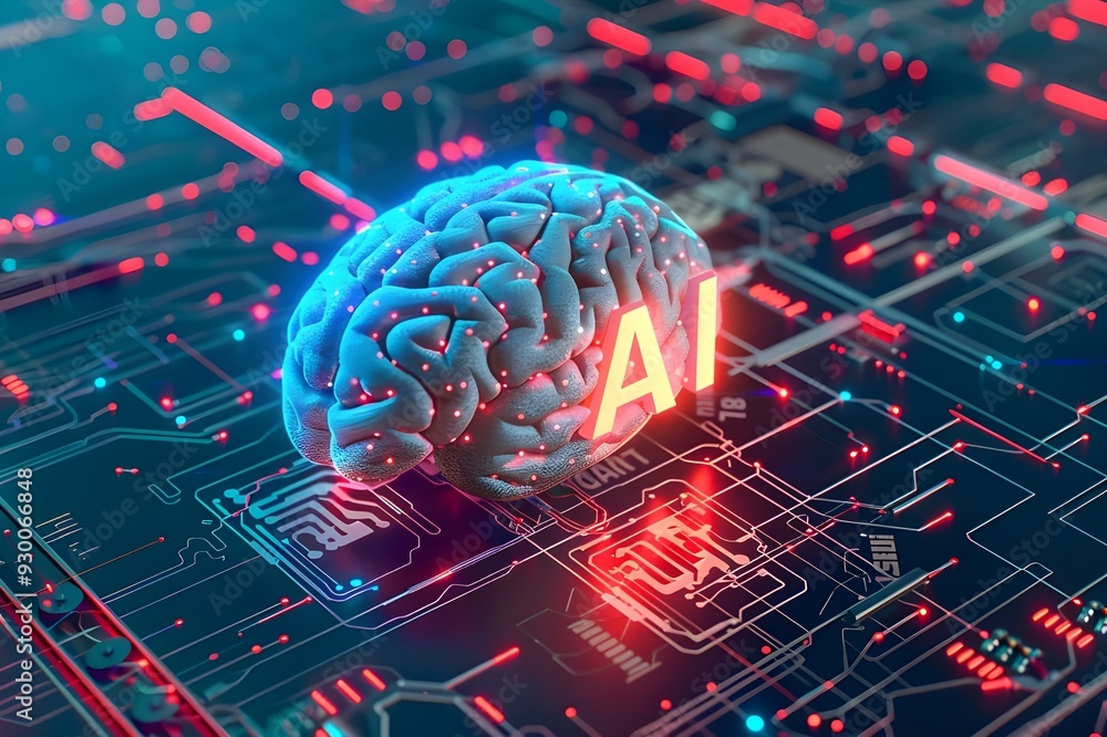 Aufkleber 3d illustration of a human brain on top of an electric circuit board with the text 