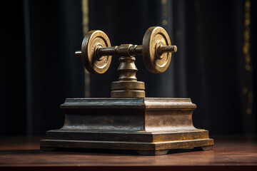 Dumbbell displayed on pedestal in dimly lit environment