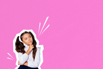 Composite photo collage of minded schoolgirl think idea classroom education autumn season study isolated on painted background