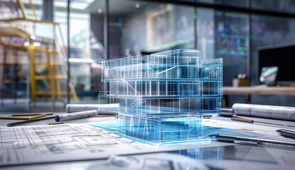A holographic model of an architectural building floats above blueprints and tools