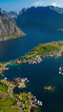Aerial view of Lofoten, Norway. Vertical design in 9:16 ratio.. Smartphone and social media ready.