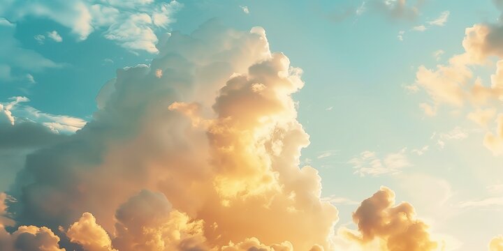 Beautiful sky with clouds, pastel colors, golden hour, soft light, blue and yellow, calm, peaceful