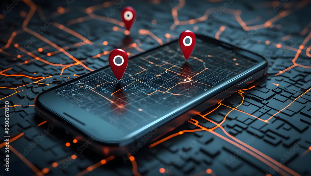 Poster a smartphone displaying a digital map with location pins, symbolizing navigation and advanced techno