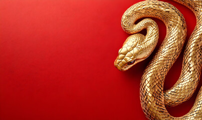 Fototapeta premium A stunning golden snake gracefully positioned against a vibrant red background, symbolizing beauty and mystique.