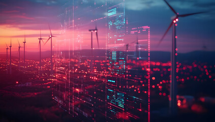 A stunning view of wind turbines with digital data overlay, showcasing the integration of renewable energy and technology at sunset.