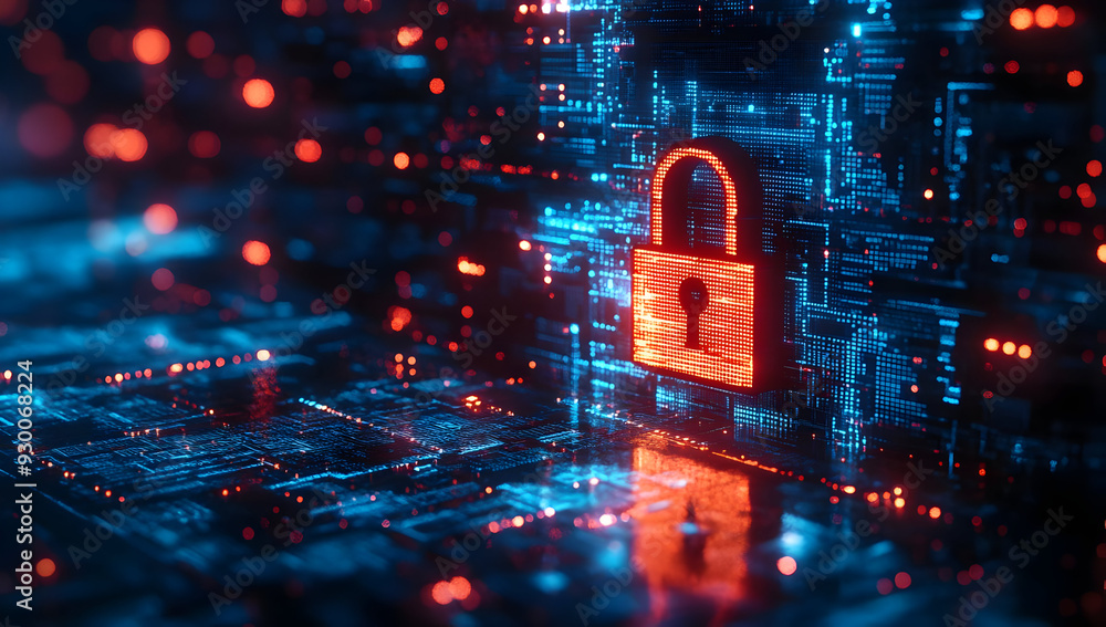 Poster a vibrant digital lock symbolizing cybersecurity amidst a backdrop of glowing data streams and circu