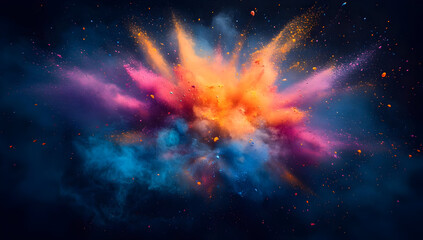 A vibrant explosion of colors with pink, orange, and blue hues against a dark background, creating a dynamic visual impact.
