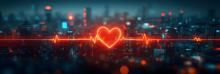 A vibrant heart symbol with a heartbeat line, illustrating love, health, and technology in a modern urban setting.