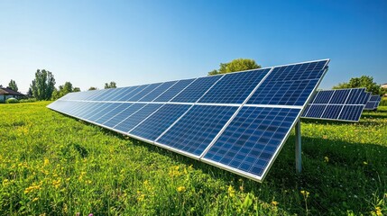 Solar panels glistening in a wide-open field under clear skies, capturing the harmony between renewable energy innovation and natural landscapes.
