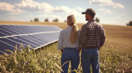 Male and female farmers standing beside solar panels on their farmland, discussing the financial savings and environmental benefits of their decision to embrace solar energy.