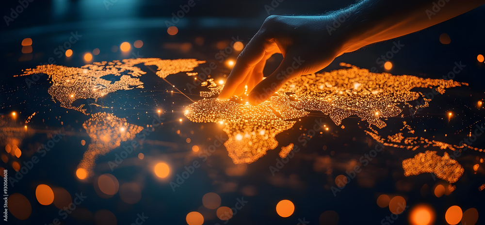 Poster close-up of a hand touching a glowing map, symbolizing global connection and digital exploration. il