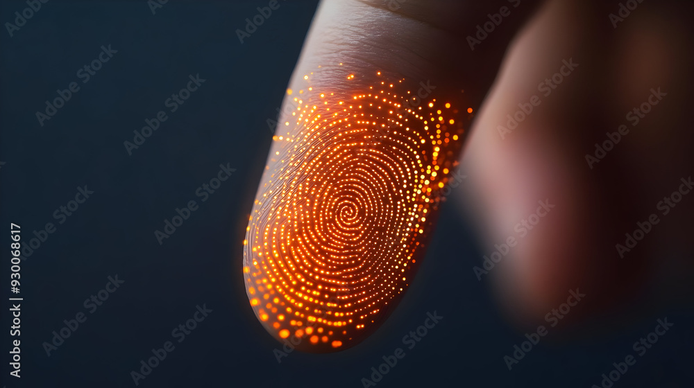 Poster close-up of a finger with an illuminated fingerprint, showcasing unique patterns and details on a da