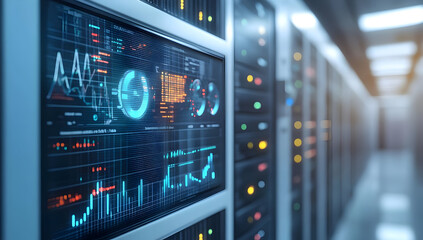 Close-up of a modern server rack with glowing screens, displaying data metrics and analytics in a high-tech environment.