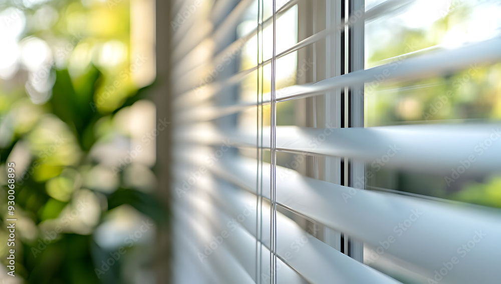 Poster close-up of elegant blinds with soft natural light filtering through, creating a serene indoor atmos