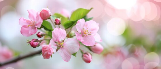 Obraz premium A tight shot of a pink bloom on a leafy branch against a softly blurred backdrop of diffused sunlight