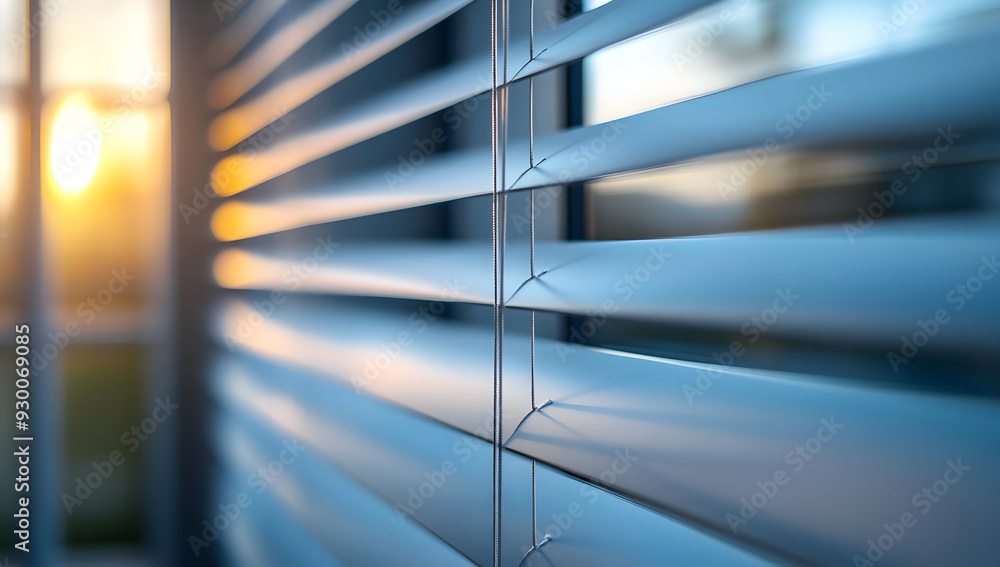 Poster close-up of window blinds with sunlight filtering through, creating an inviting and cozy atmosphere 