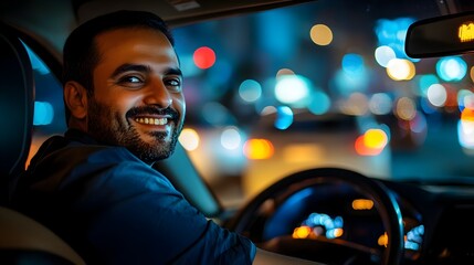 Friendly Driver Navigating the Nighttime City Streets in a Well Lit Vehicle
