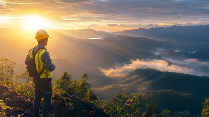 Fototapeta premium Geotechnical Engineer Exploring Mountainous Terrain at Sunrise with Atmospheric Light