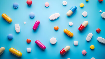 Colorful capsules and tablets scattered on a blue background, depicting a variety of medications and health supplements.