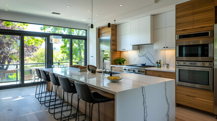 Modern Kitchen Island with White Quartz Countertop and Black Bar Stools - Photo
