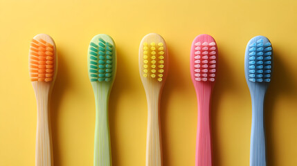 Colorful toothbrushes arranged in a row against a vibrant yellow background, perfect for dental hygiene concepts.