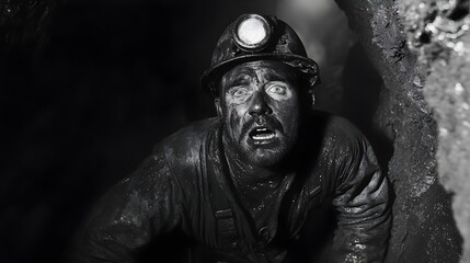 Hardworking Coal Miner Emerges from Narrow Underground Shaft with Determined Expression