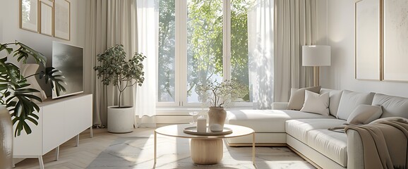 Fototapeta premium White sectional sofa with throw blanket in a living room with a large window, potted plants, and a coffee table.