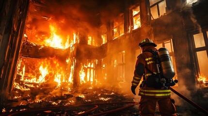 Heroic Firefighter Battling Raging Inferno Inside Burning Building