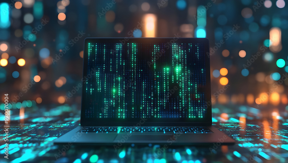Poster futuristic laptop displaying vibrant digital code, set against a glowing background of abstract tech